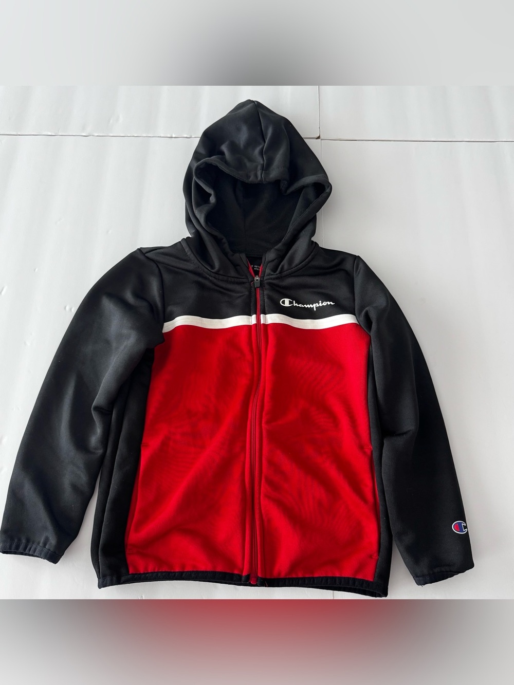 Champion Kids Size 5 Red Black Full Zip Hooded Jacket Hoodie